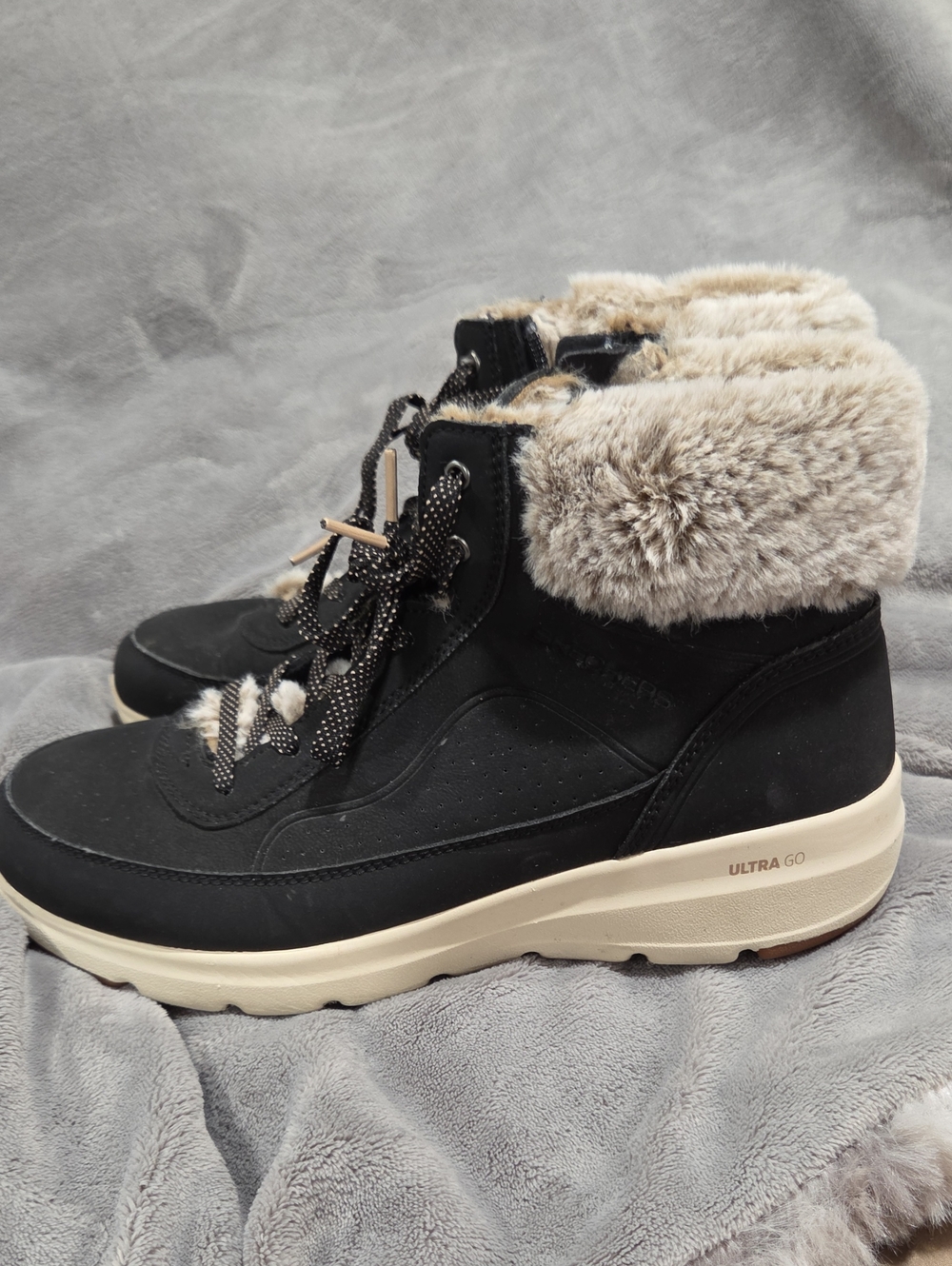 Skechers Black Ankle Winter Boots with Faux-Fur Collar